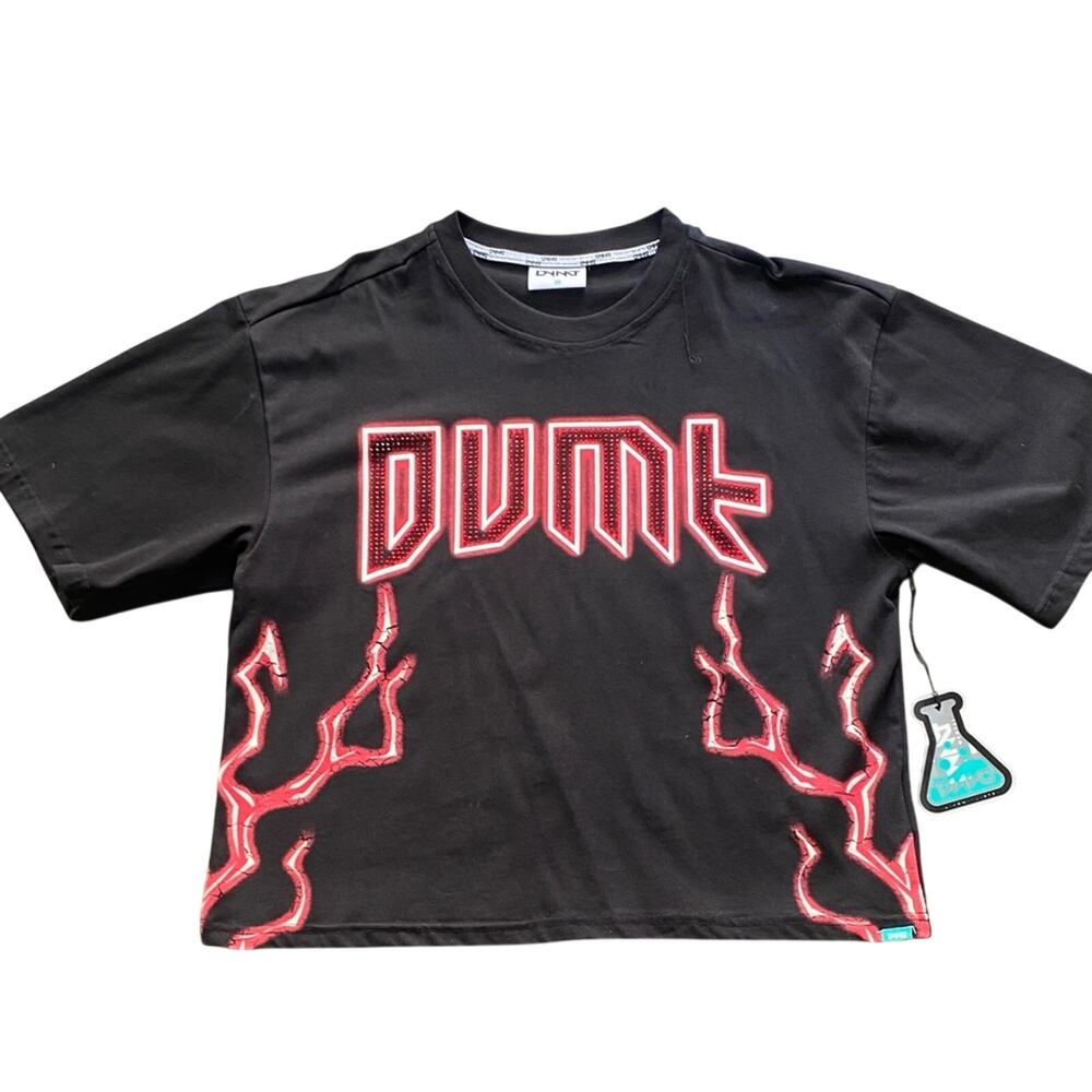 DVMT Graphic Tee Mens Sz Medium Black Red Crop Crew Neck Rhinestone Streetwear